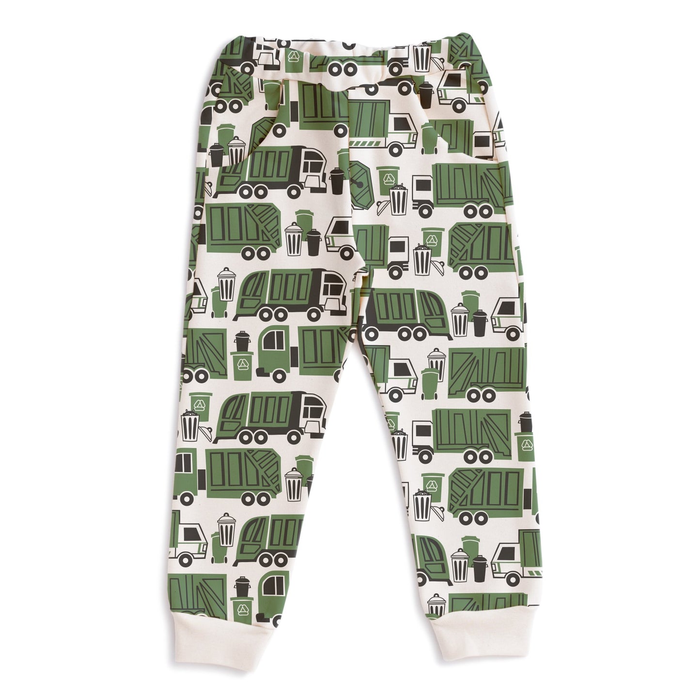 Kids sweatpants with green garbage and recycling truck print, made with organic cotton