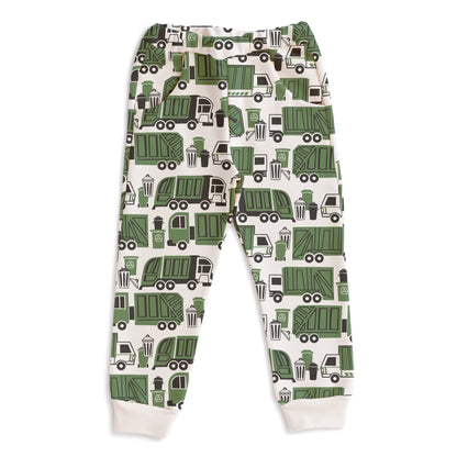 Kids sweatpants with green garbage and recycling truck print, made with organic cotton