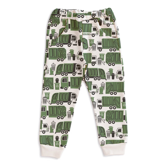 Kids sweatpants with green garbage and recycling truck print, made with organic cotton