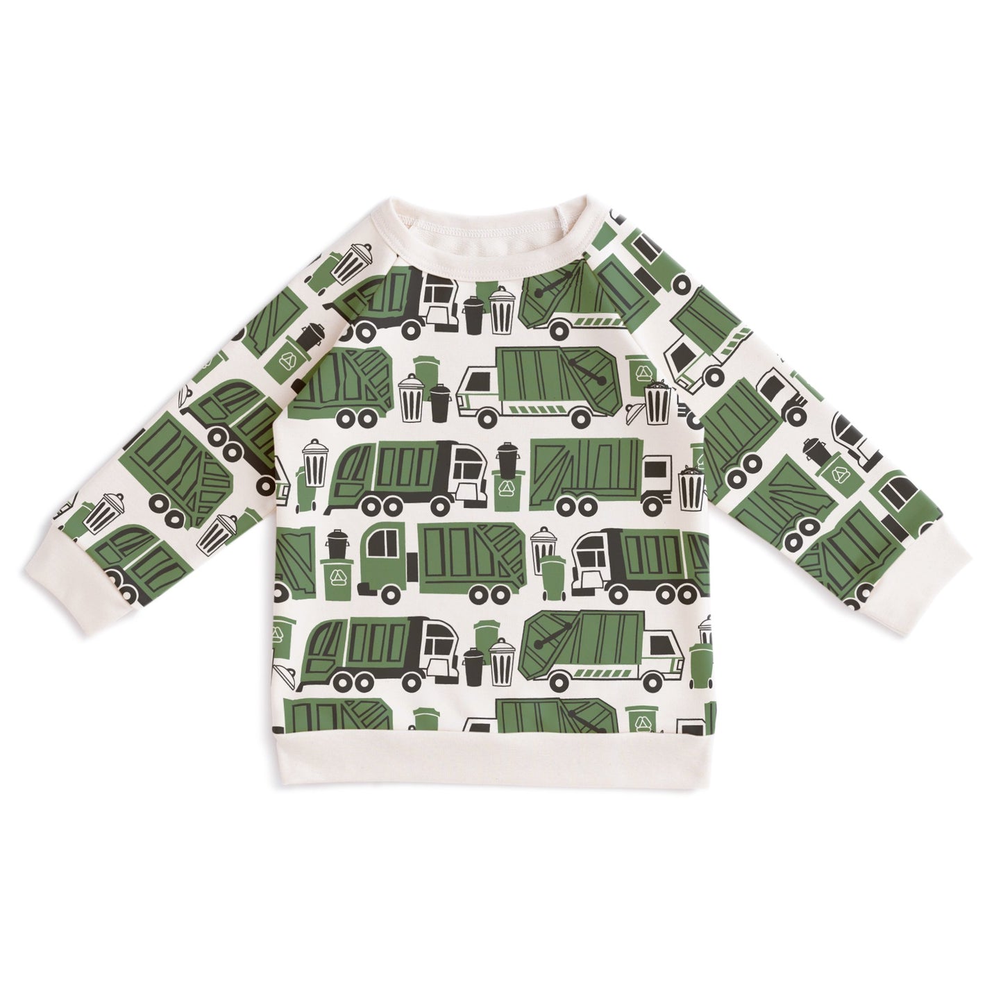 Kids sweatshirt in green with garbage and recycling truck print, made with organic cotton