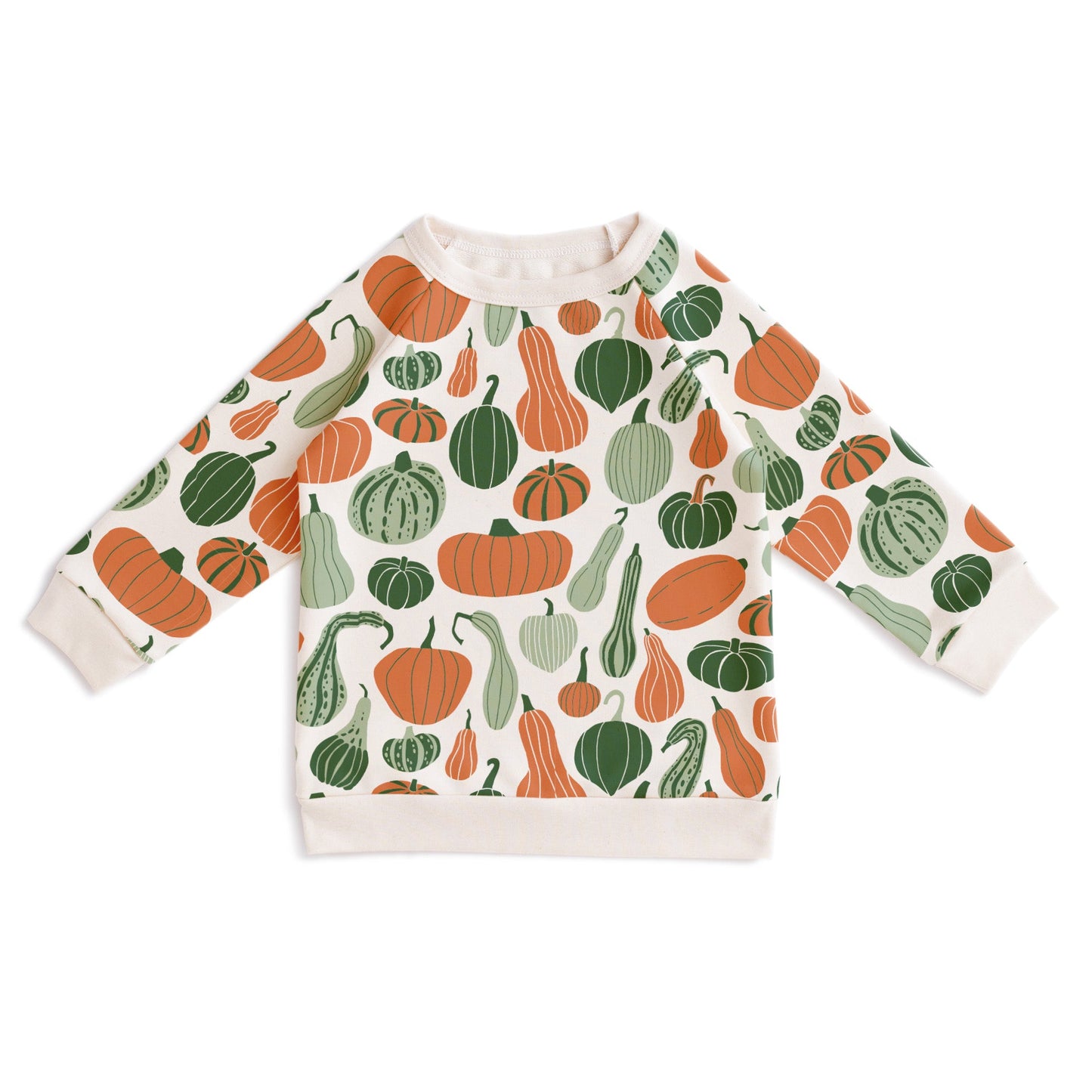 Kids sweatshirt with pumpkin and gourd print in green and orange, made with organic cotton