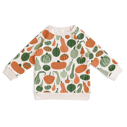 Kids sweatshirt with pumpkin and gourd print in green and orange, made with organic cotton
